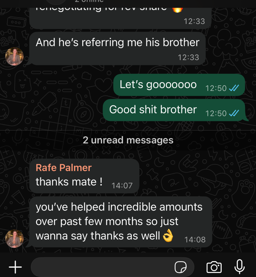 Rafe Palmer WhatsApp — £1.5k/mo for 3 months then rev share