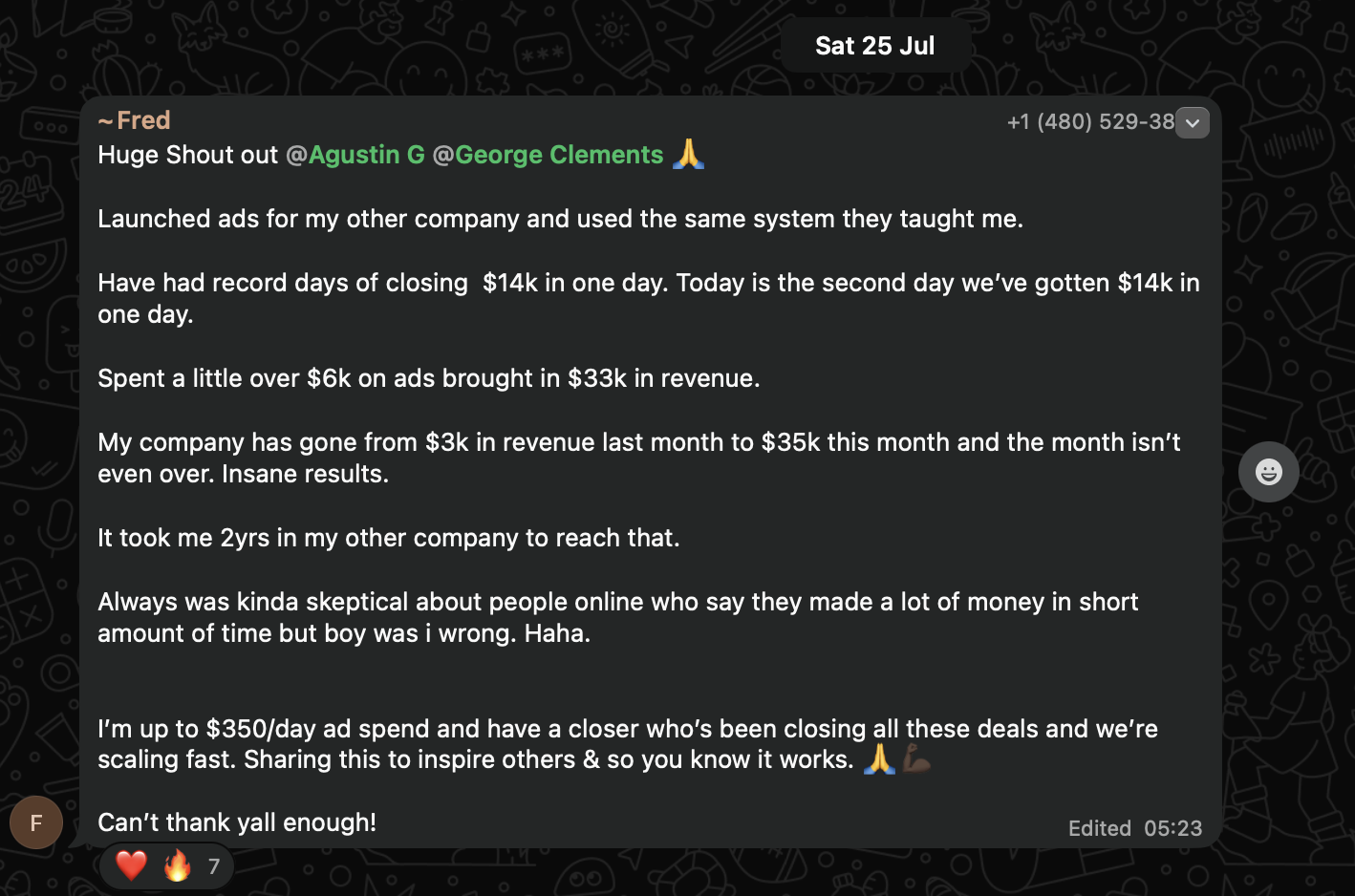 Fred — $14k day, $33k revenue from $6k ad spend, $3k to $35k month