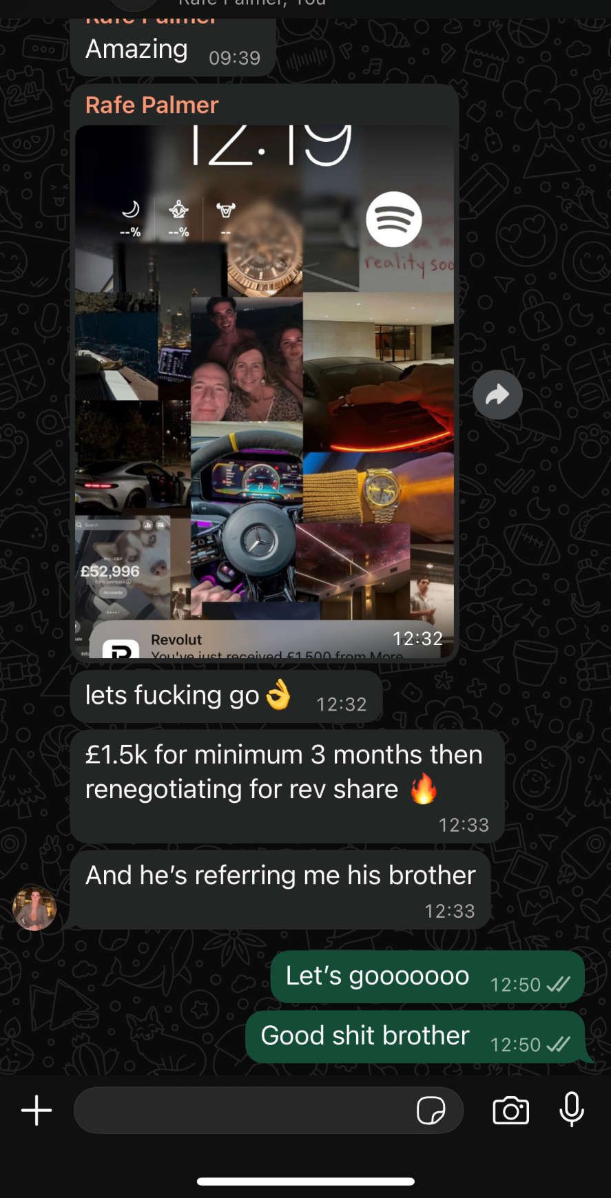 Rafe Palmer WhatsApp — £5k cash collected + 15% rev share, barber clients onboarded