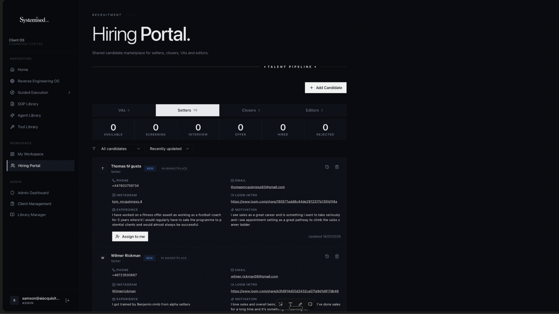 Systemised Hiring Portal — shared candidate marketplace for setters and closers