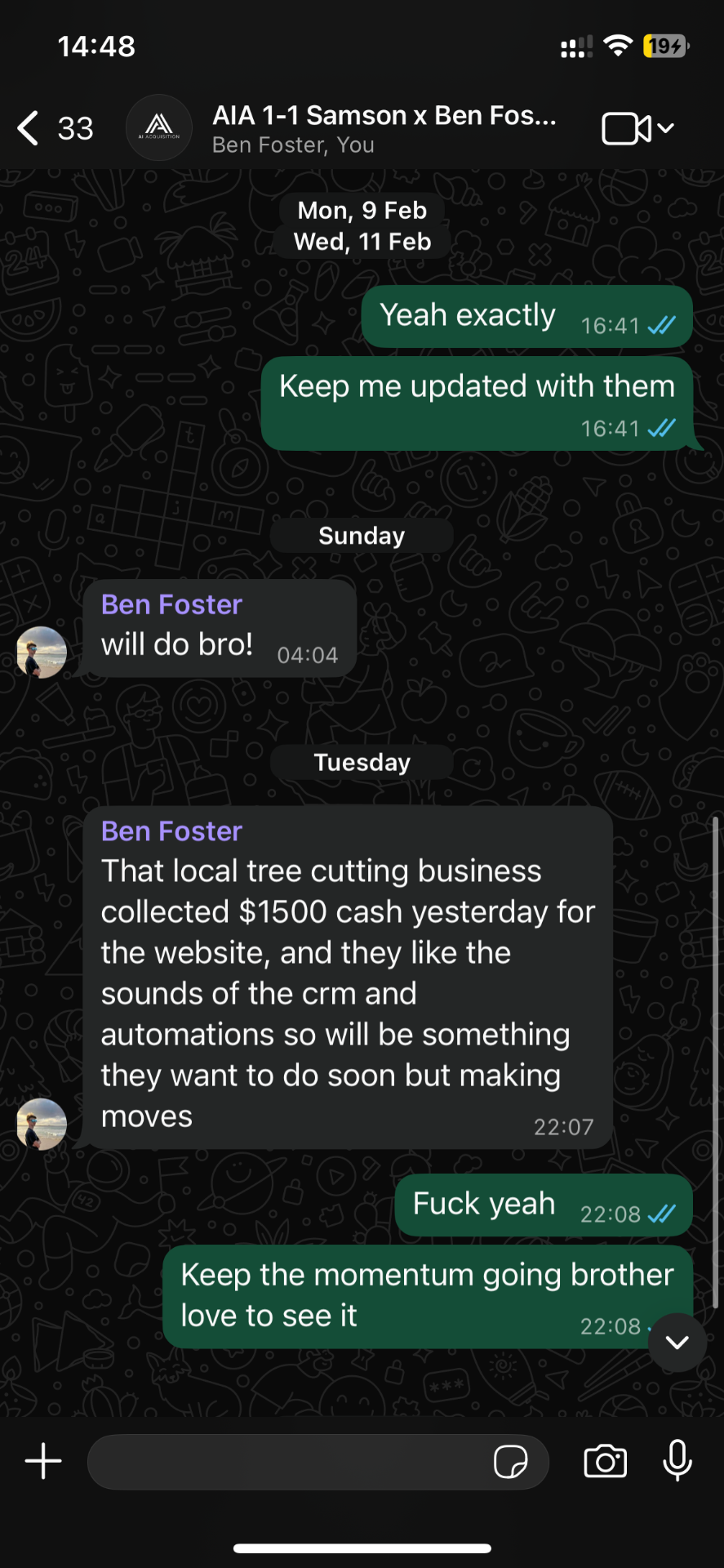 Ben Foster WhatsApp — $1,500 cash collected