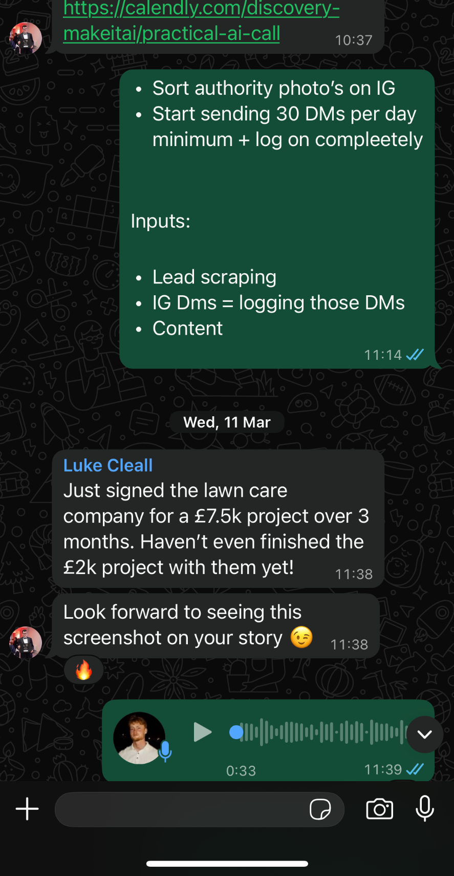 Luke Cleal WhatsApp — £7.5k lawn care project closed